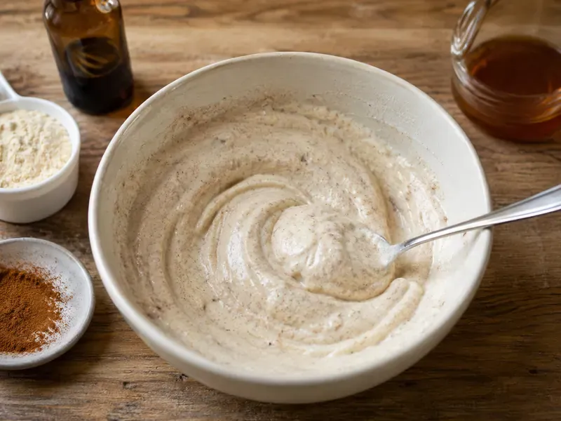 Greek yogurt mixed with vanilla protein powder, cinnamon, vanilla, and honey.
