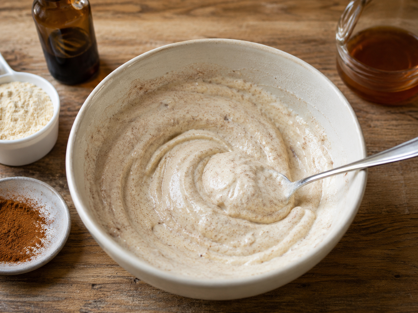 Greek yogurt mixed with vanilla protein powder, cinnamon, vanilla, and honey.