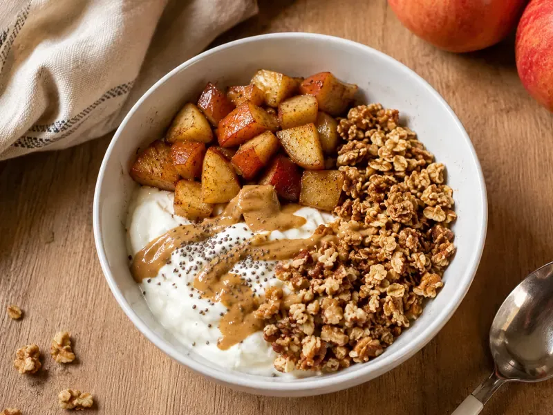 Finished Apple Cinnamon Protein Yogurt Bowl topped with warm apples, granola, nuts, and nut butter drizzle.