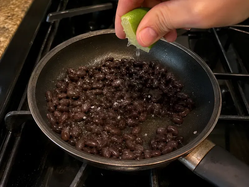 Black beans warmed with lime and salt for a breakfast taco bowl.