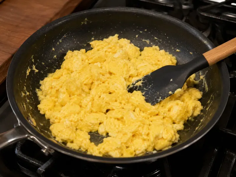 Soft scrambled eggs cooking in a skillet for an avocado breakfast taco bowl.