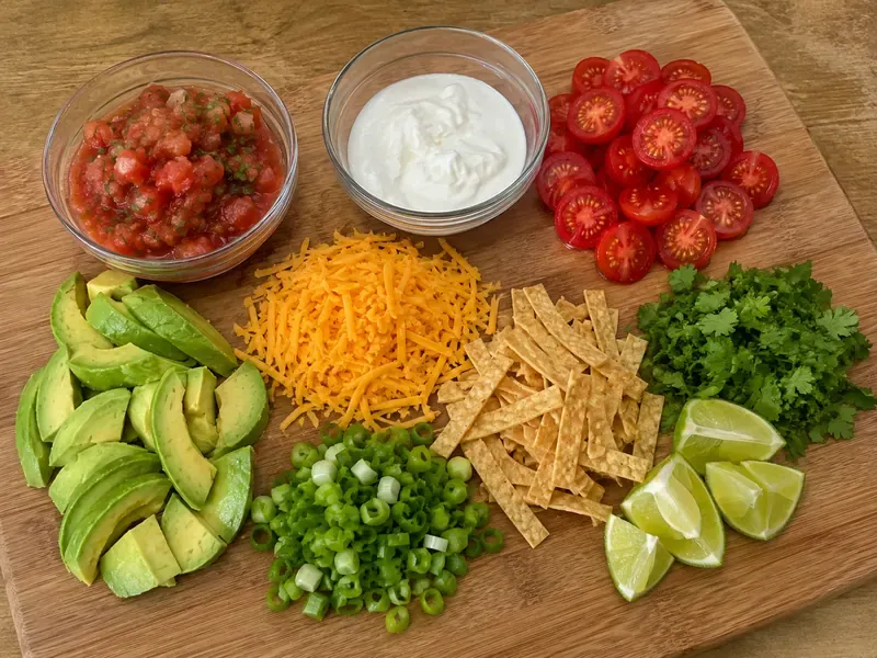Avocado, tomatoes, salsa, cheese, yogurt, green onions, cilantro, tortilla strips, and lime prepared for a taco bowl.