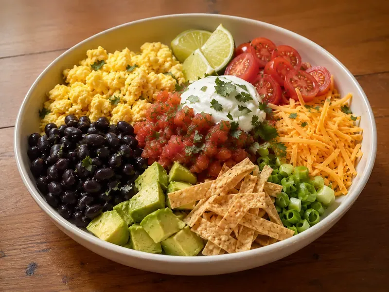 Finished Avocado Egg Breakfast Taco Bowl with scrambled eggs, black beans, avocado, salsa, cheese, tortilla strips, and lime.