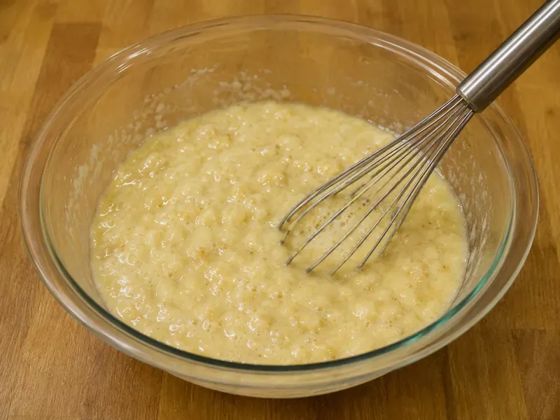 Mashed bananas mixed with yogurt, brown sugar, oil, eggs, and vanilla.