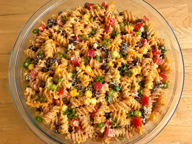BBQ ranch pasta salad with pasta, corn, black beans, red bell pepper, cheddar cheese, green onions, and creamy dressing.