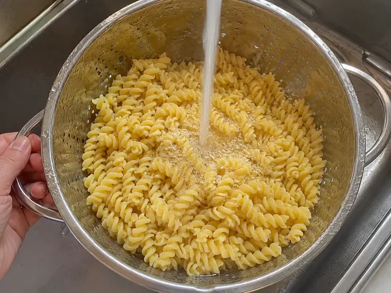 Cooked rotini pasta cooling in a colander before making BBQ ranch pasta salad.