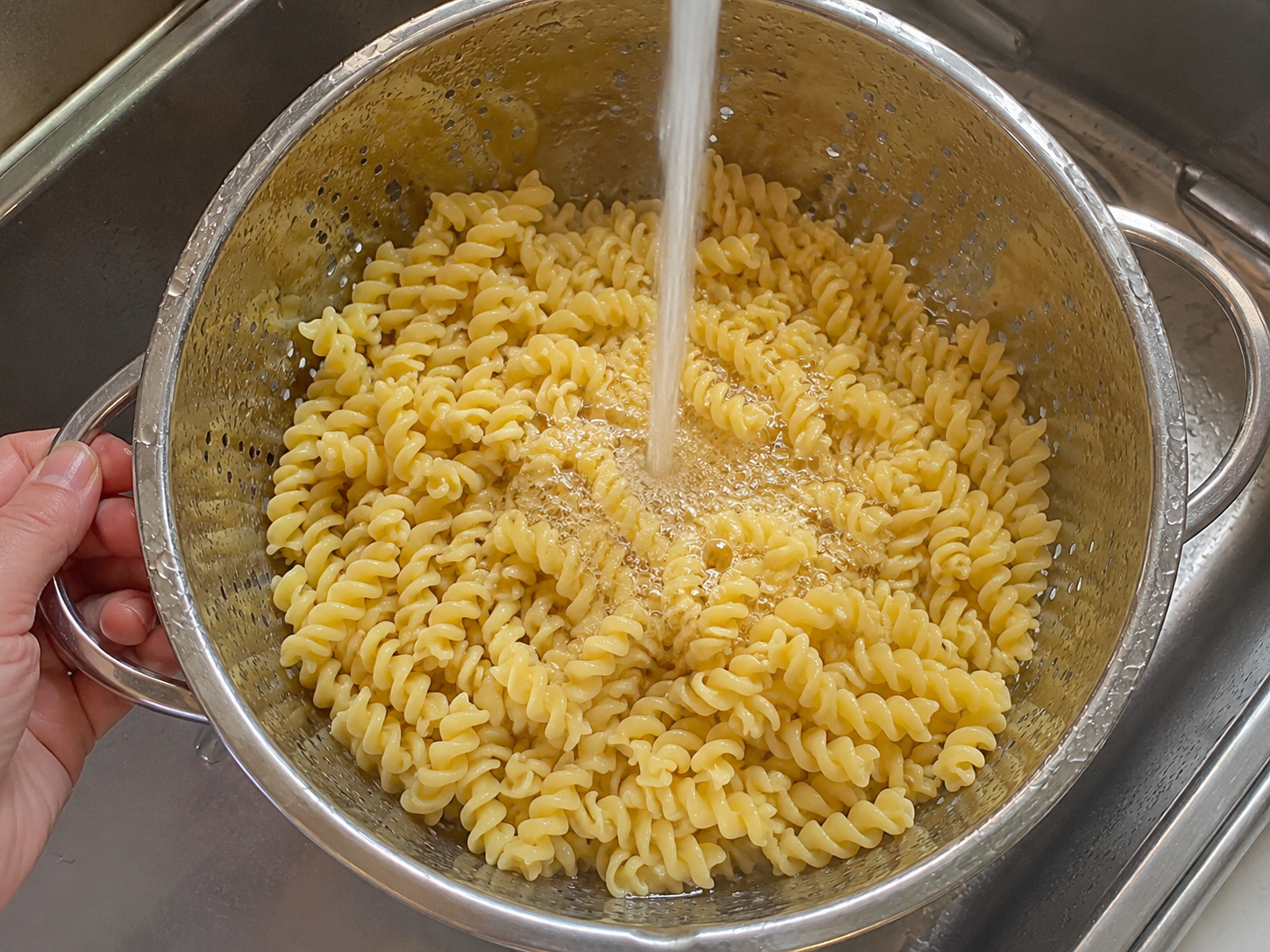Cooked rotini pasta cooling in a colander before making BBQ ranch pasta salad.