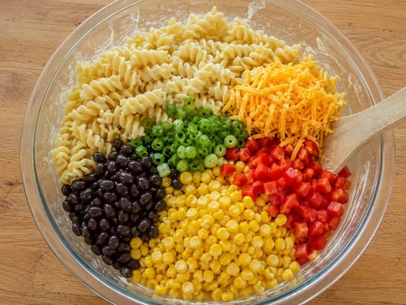 Pasta, corn, black beans, red bell pepper, cheddar, and green onions added to a bowl for pasta salad.