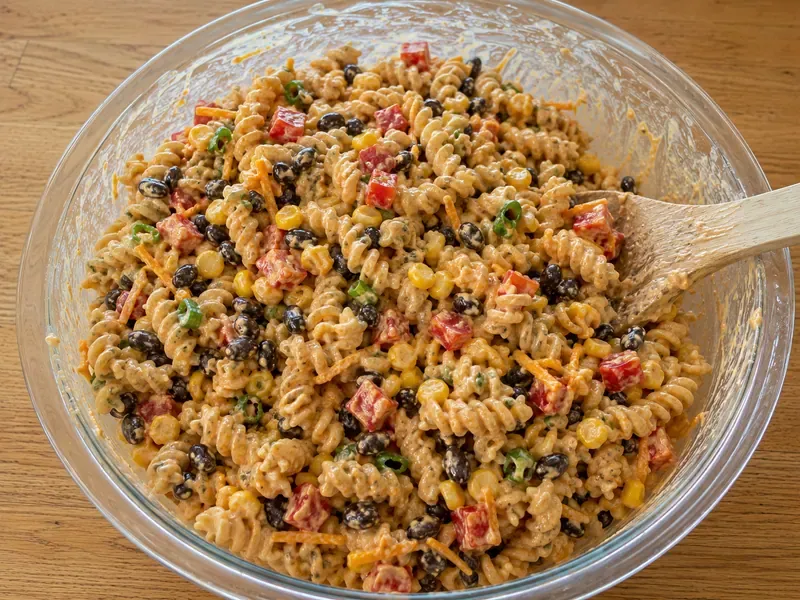 BBQ ranch pasta salad tossed in a bowl until the pasta and vegetables are coated in creamy dressing.