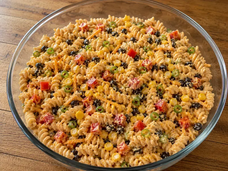 Finished BBQ ranch pasta salad served in a bowl with pasta, corn, black beans, red pepper, cheddar, and green onions.