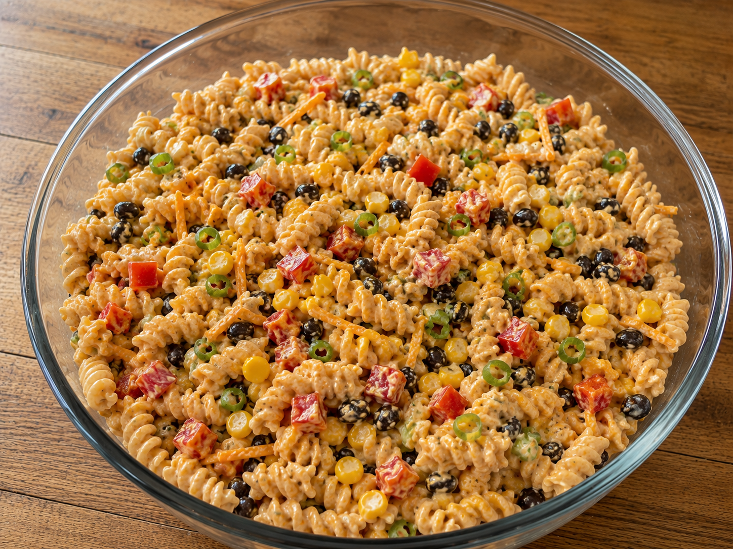 Finished BBQ ranch pasta salad served in a bowl with pasta, corn, black beans, red pepper, cheddar, and green onions.