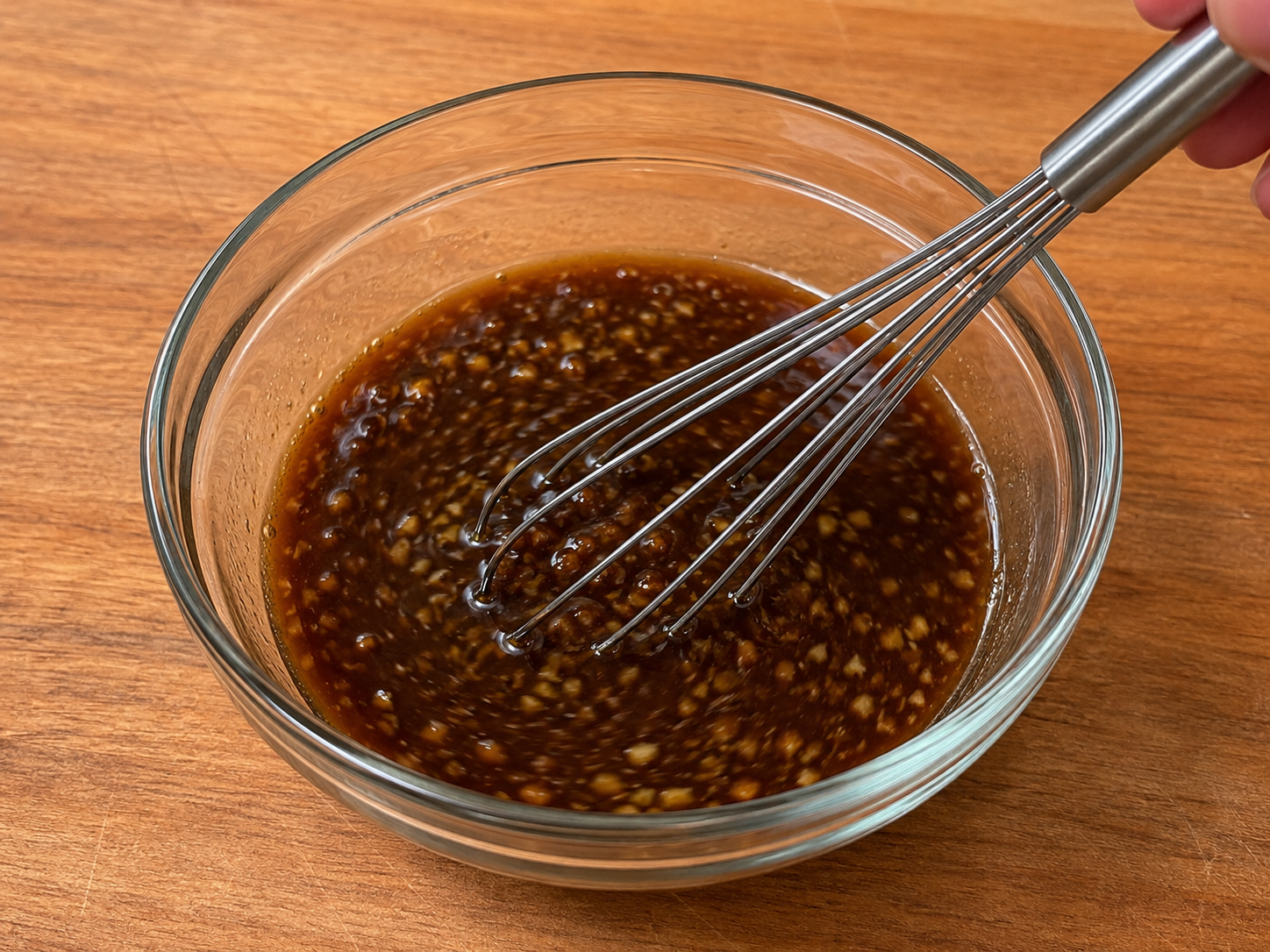 Soy sauce, beef broth, brown sugar, garlic, ginger, sesame oil, and cornstarch mixed in a bowl for beef and broccoli sauce.
