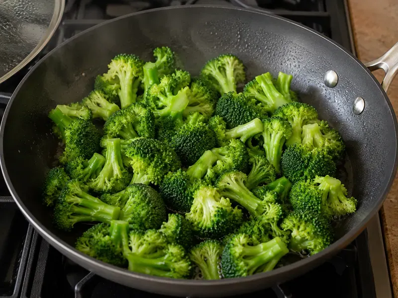 Broccoli florets cooking in a skillet until bright green and crisp-tender.