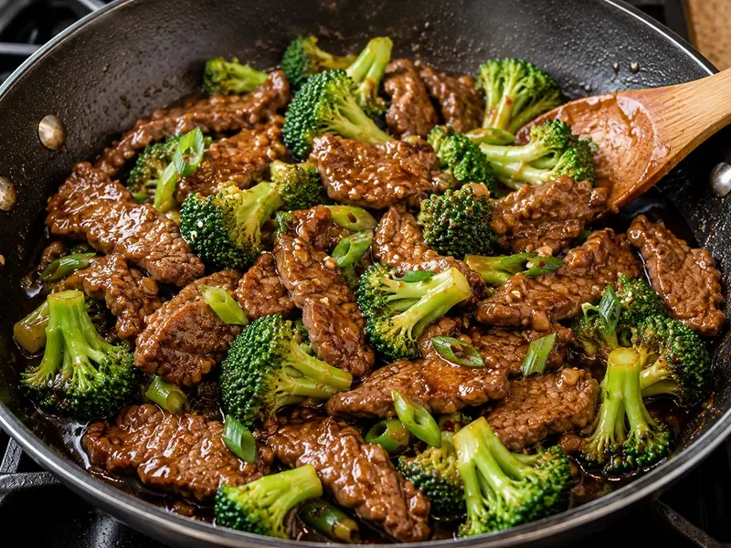 Beef and broccoli tossed in a skillet with savory sauce, green onions, and sesame seeds.