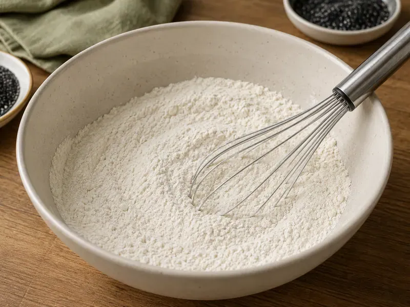 Flour, baking soda, and salt whisked together in a bowl.