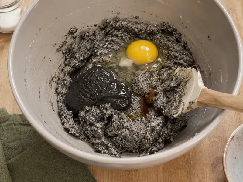 Egg, black sesame paste, and vanilla mixed into the cookie dough.