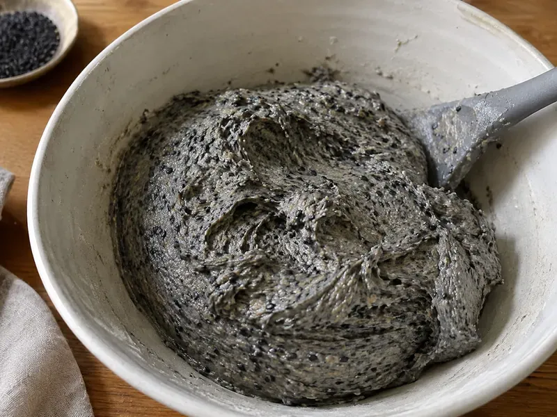 Soft black sesame cookie dough with sesame seeds mixed in.
