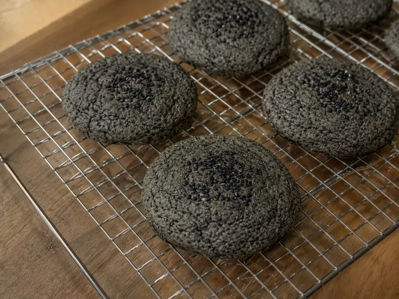 Finished black sesame cookies cooling with soft centers and crisp edges.