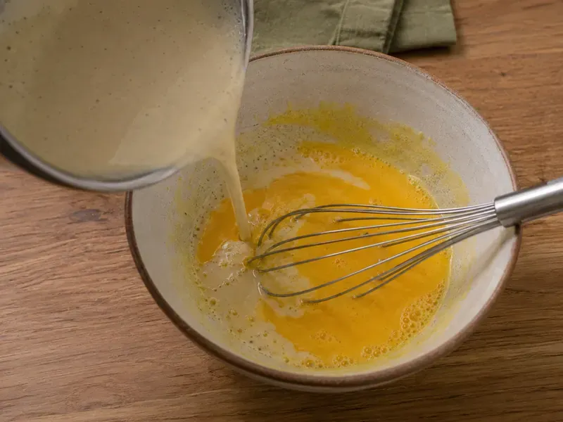 Egg yolks tempered with warm cream mixture in a bowl.