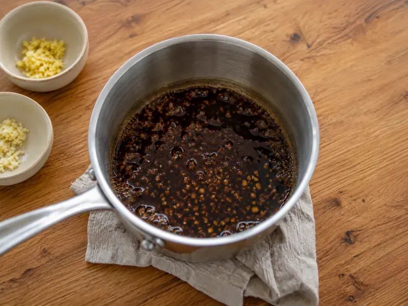 Soy glaze simmering gently in a saucepan while sugar dissolves.