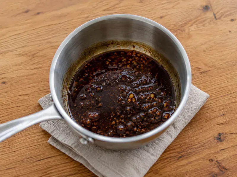 Sweet savory soy glaze reducing in a saucepan until glossy.