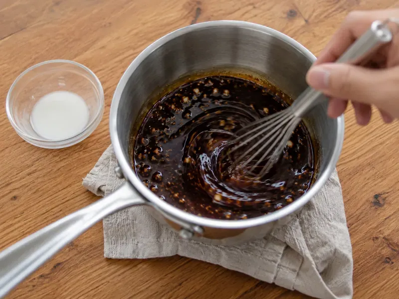 Cornstarch slurry whisked into soy glaze for a thicker sauce.