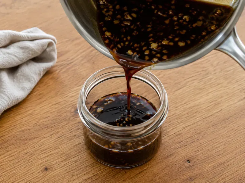 Finished soy glaze poured into a small glass jar.