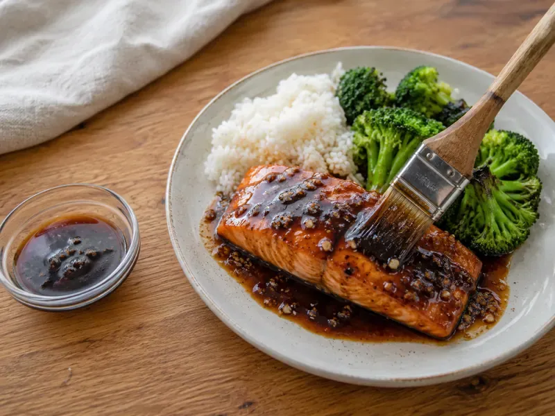Soy glaze brushed over salmon, chicken, tofu, or vegetables in a simple meal setup.