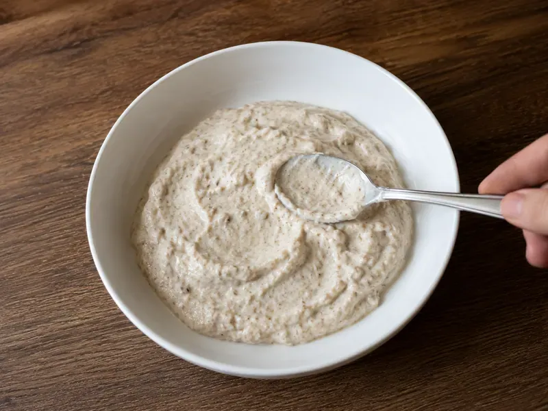 Greek yogurt, protein powder, almond butter, oats, honey, and vanilla mixed in a bowl.