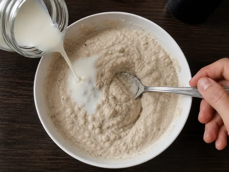 Milk stirred into Greek yogurt protein bowl mixture to adjust the texture.