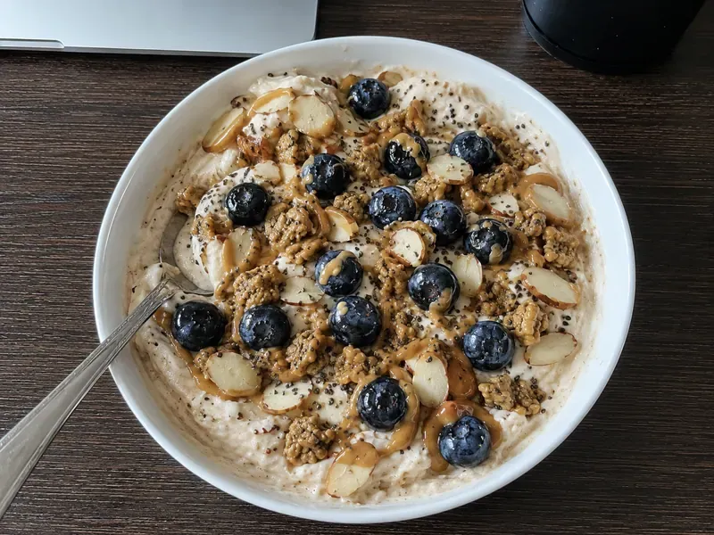 Finished Blueberry Almond Greek Yogurt Protein Bowl ready to serve.