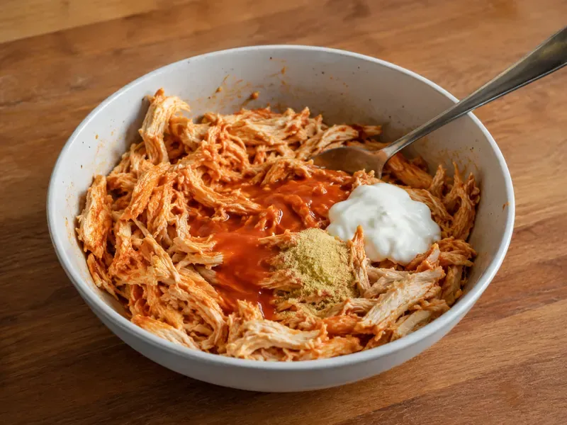 Shredded chicken mixed with buffalo sauce for a high protein cottage cheese bowl.