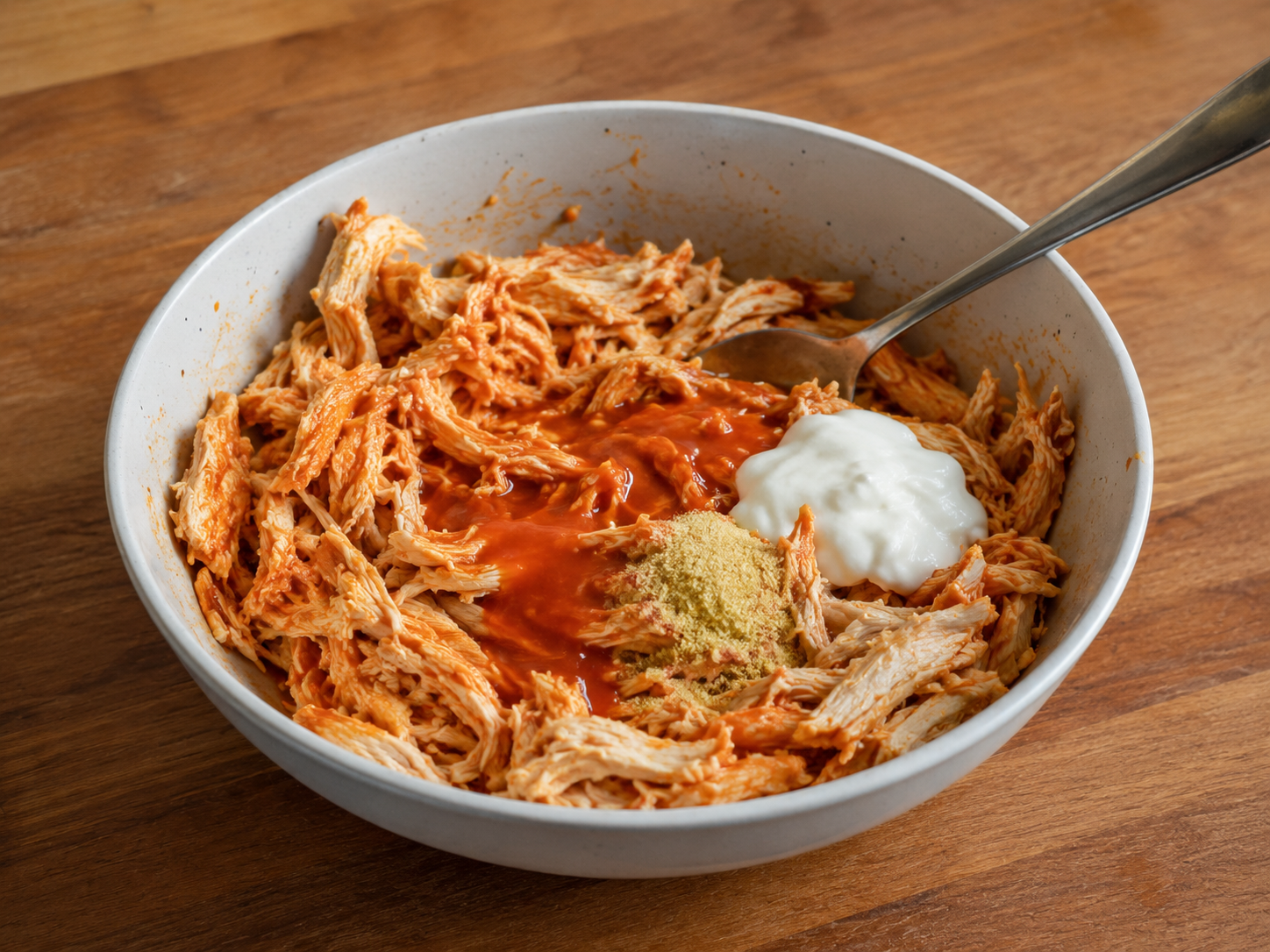 Shredded chicken mixed with buffalo sauce for a high protein cottage cheese bowl.