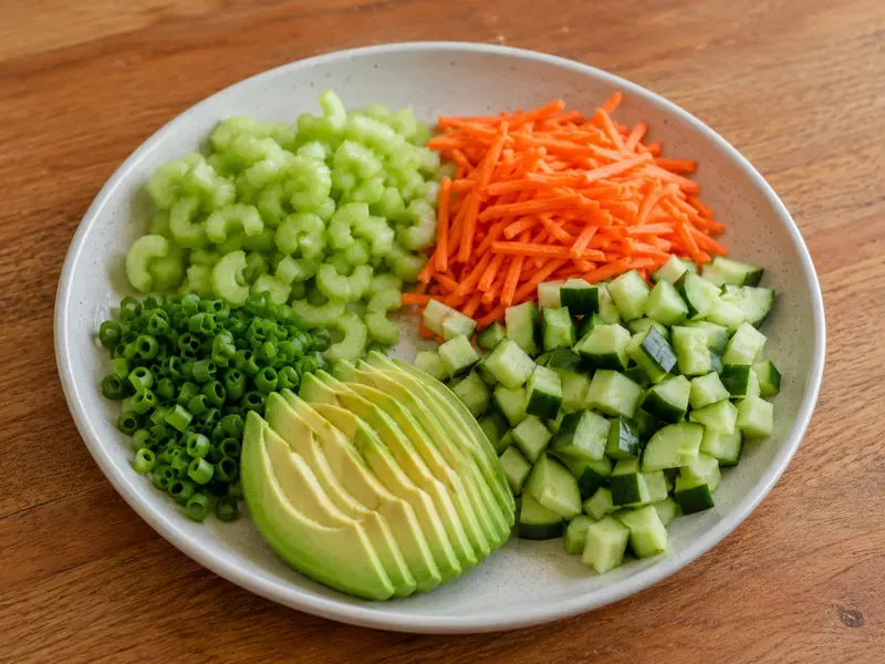 Cucumber, carrots, celery, avocado, and green onions prepared for a buffalo chicken cottage cheese bowl.