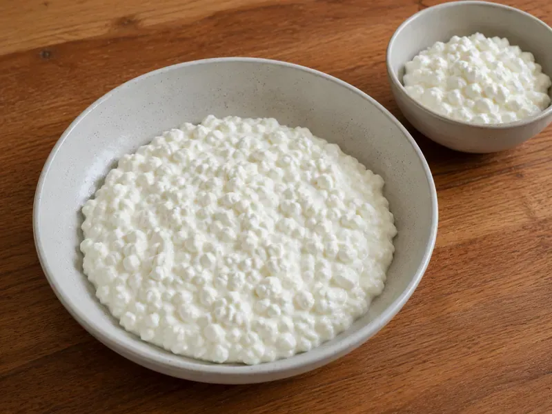 Cottage cheese added to bowls as the creamy base for buffalo chicken cottage cheese bowls.