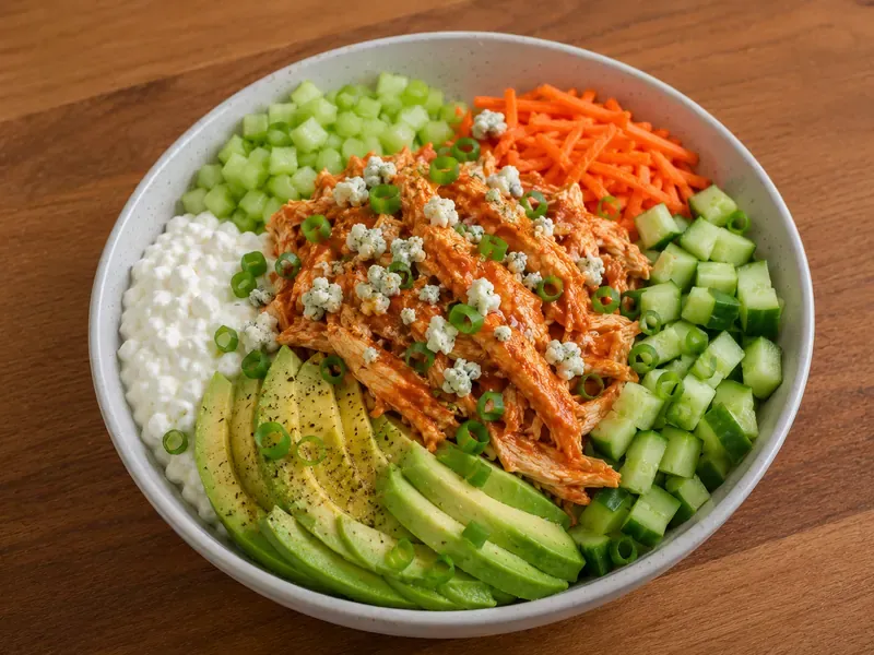 Buffalo chicken, cucumber, carrots, celery, avocado, and green onions added to a cottage cheese bowl.