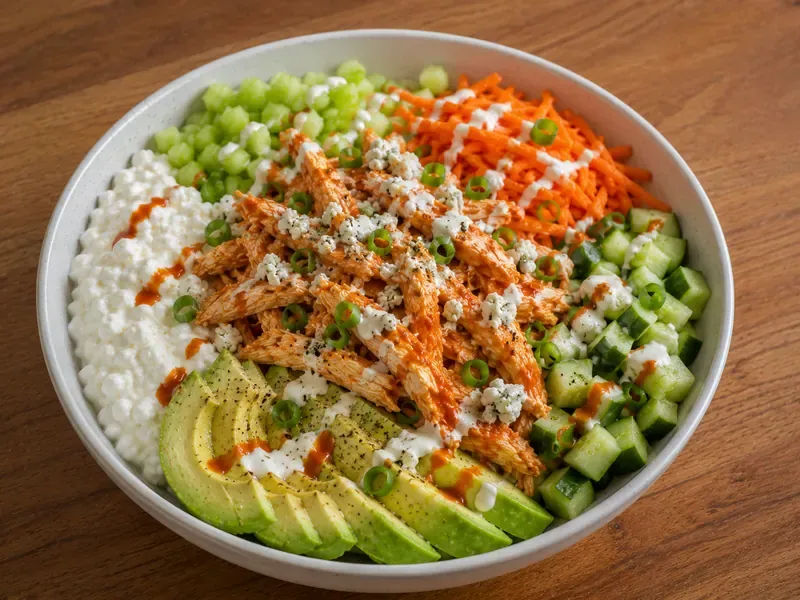 Finished buffalo chicken cottage cheese bowl with vegetables, avocado, green onions, buffalo sauce, and cottage cheese.