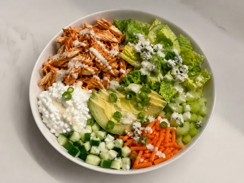 Buffalo chicken cottage cheese bowl with romaine, cucumber, carrots, celery, avocado, green onions, and buffalo sauce.