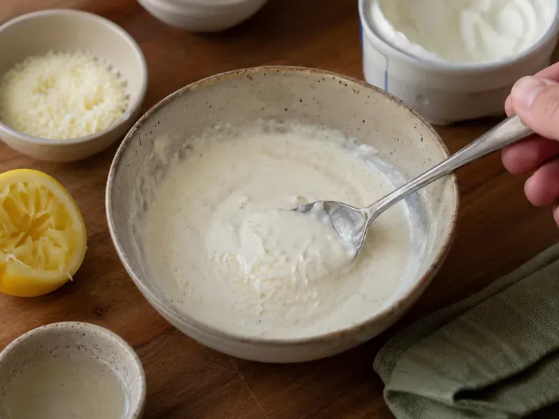 Light creamy sauce mixed with Greek yogurt, Parmesan, and lemon juice.