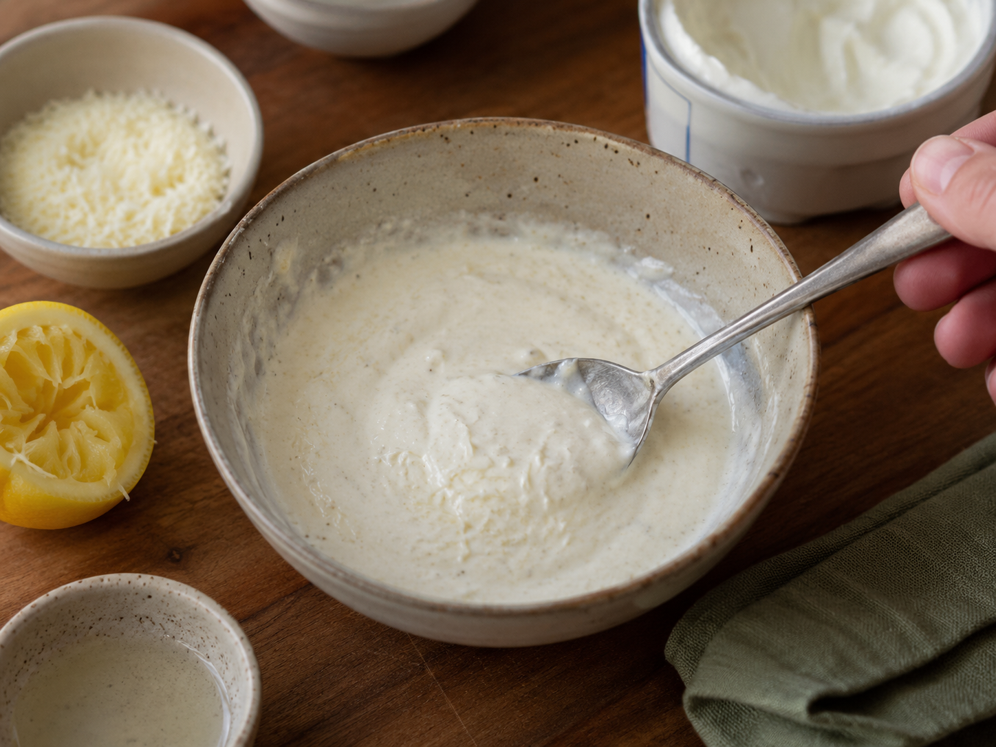 Light creamy sauce mixed with Greek yogurt, Parmesan, and lemon juice.