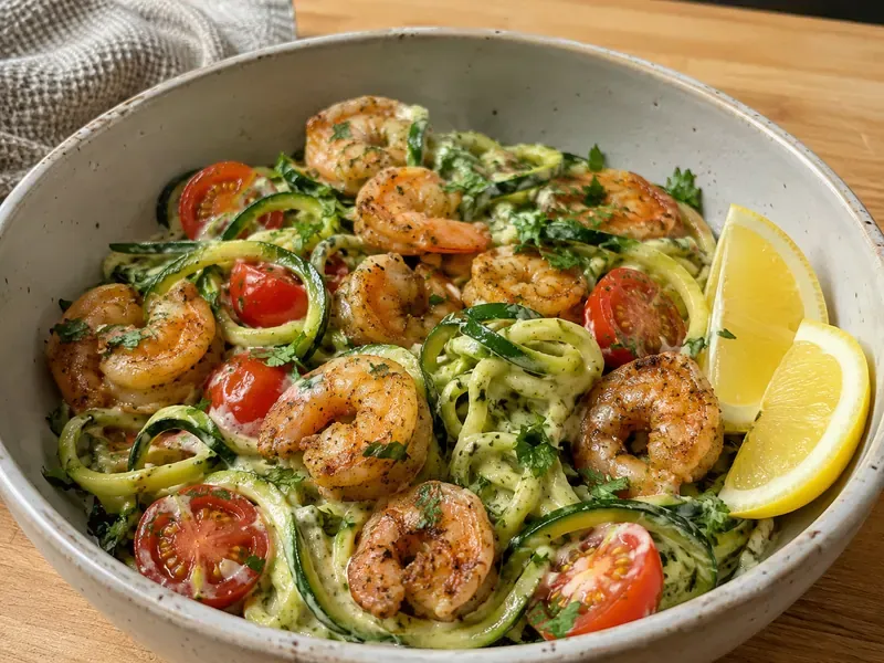 Finished Cajun Shrimp Zucchini Noodle Bowl with shrimp, zucchini noodles, tomatoes, and creamy sauce.
