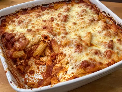 Cheesy baked ziti with marinara meat sauce, melted mozzarella, ricotta, and browned cheese served in a baking dish.