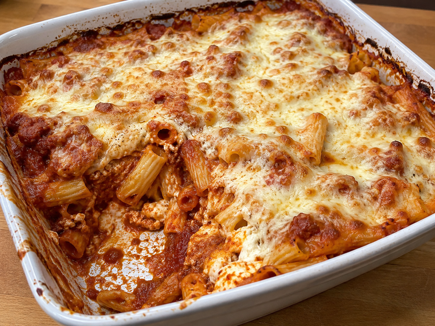 Cheesy baked ziti with marinara meat sauce, melted mozzarella, ricotta, and browned cheese served in a baking dish.