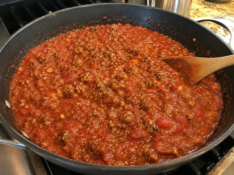 Ground beef and marinara sauce cooking in a skillet for cheesy baked ziti.