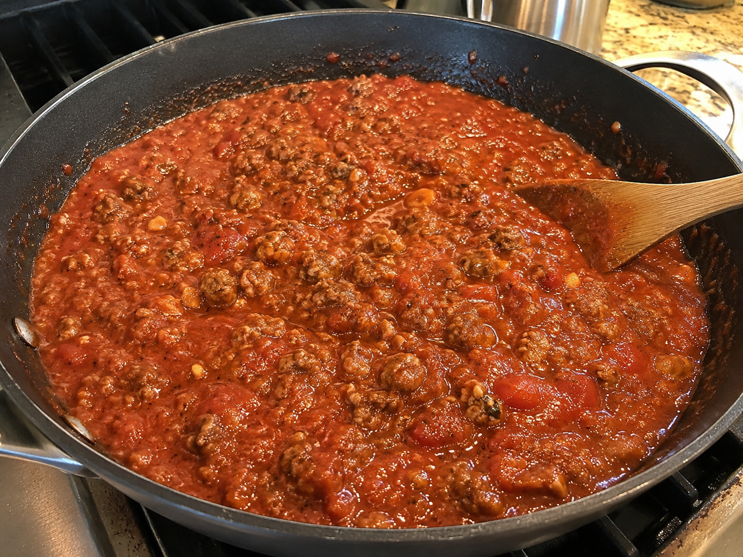 Ground beef and marinara sauce cooking in a skillet for cheesy baked ziti.