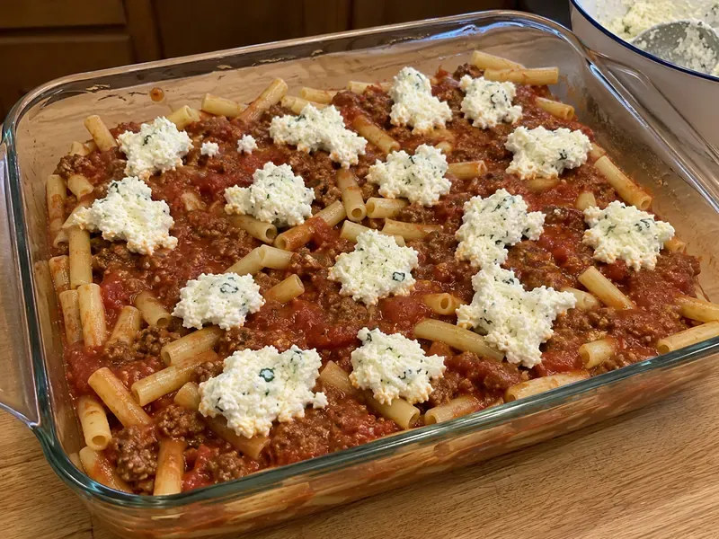 Ziti pasta layered with meat sauce and ricotta cheese mixture in a baking dish.