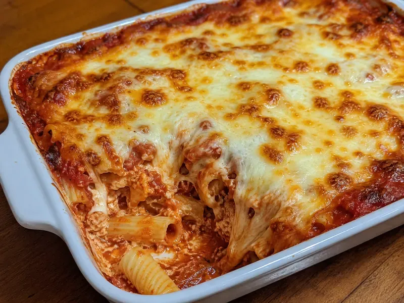 Finished cheesy baked ziti with melted mozzarella, browned cheese spots, marinara sauce, and one serving scooped out.
