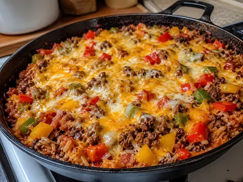 Cheesy Beef & Bell Pepper Skillet Bake with ground beef, bell peppers, rice, tomato sauce, and melted cheese in a skillet.