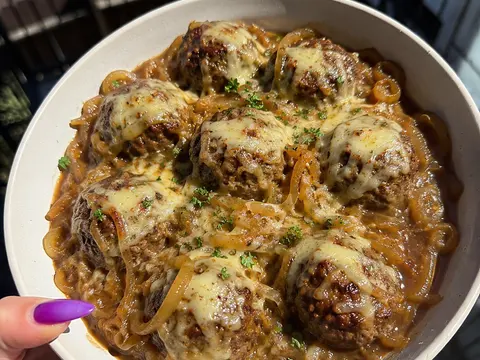 Cheesy French Onion Meatballs with beef meatballs, rich onion gravy, melted cheese, and herbs.