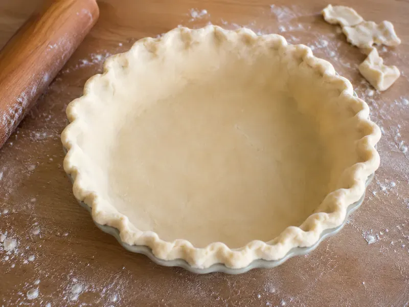 Pie crust fitted into a pie dish with crimped edges.